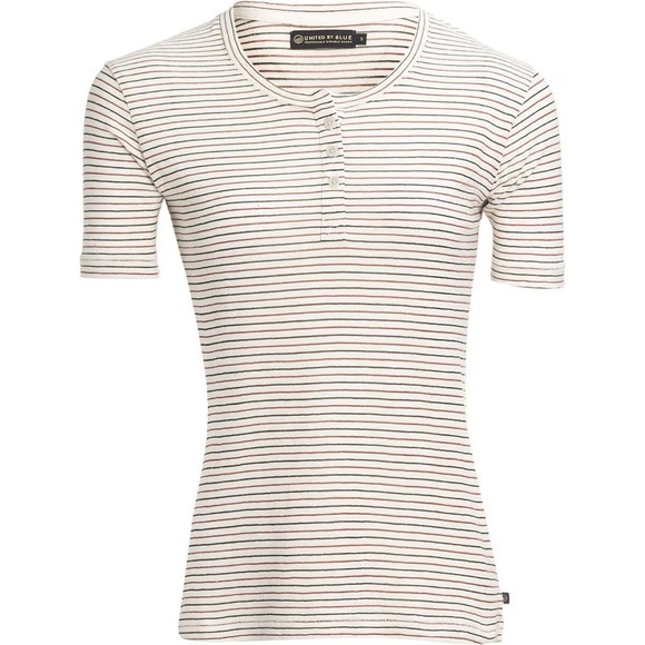 United By Blue Cream Navy and Dark Red Henley T-shirt in Hemp/Linen - Picture 4 of 9